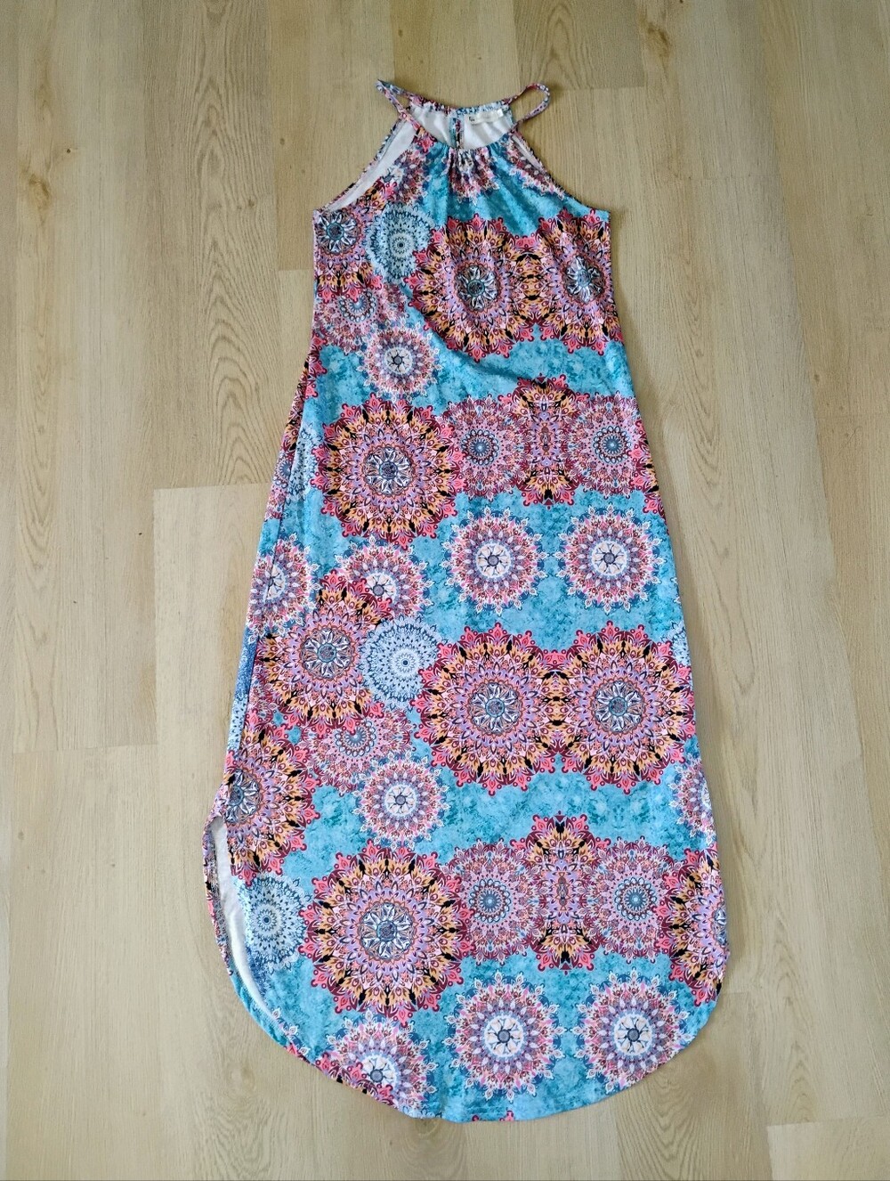 Sleeveless Halter Maxi Dress with Turquoise & Pink Mandala Print